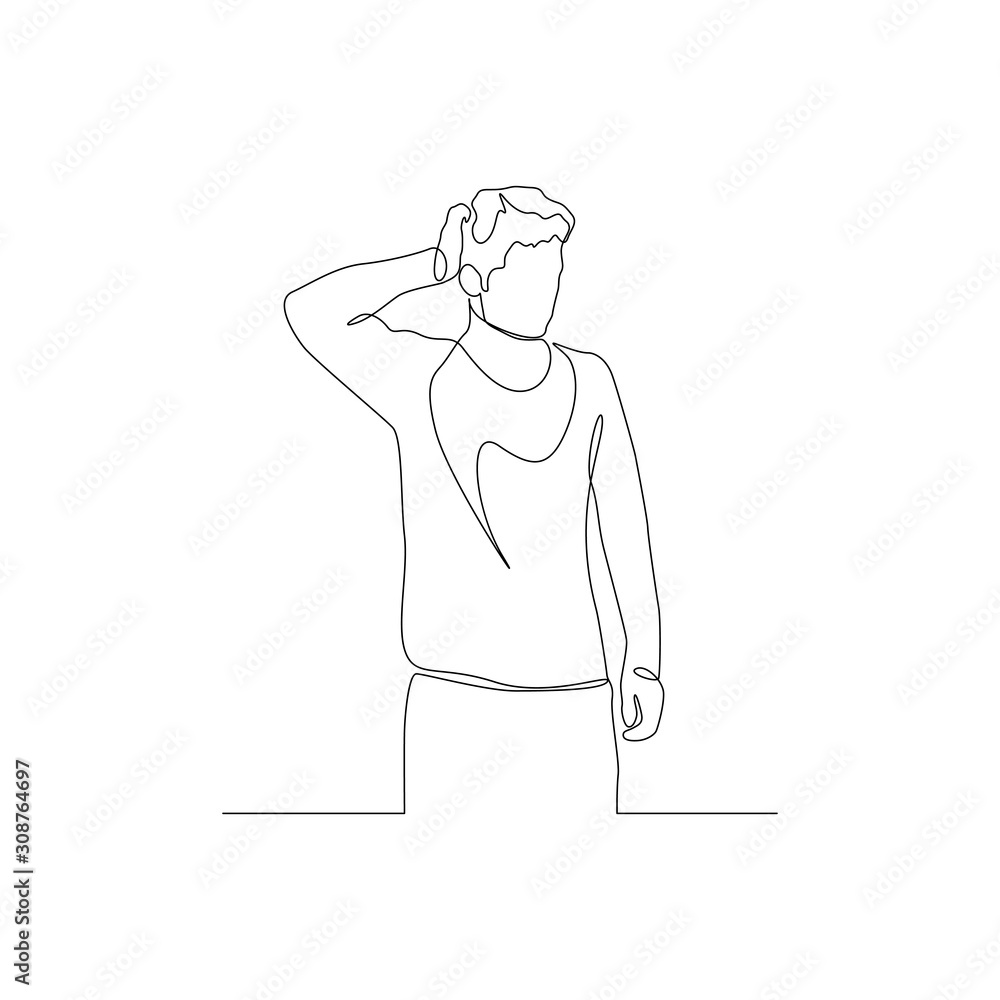 Continuous one line man is holding the back of his head with his hand. A difficult situation. Vector illustration.