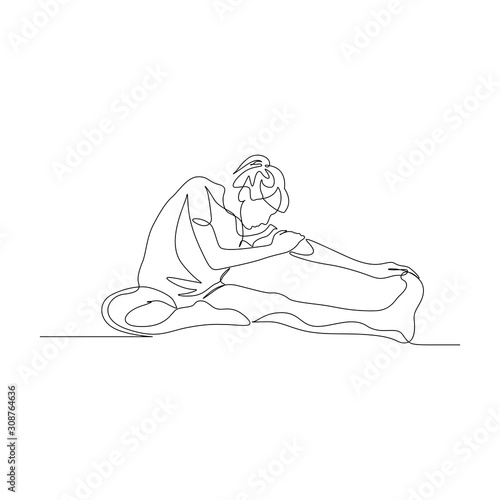 Continuous one line woman doing stretching legs on the floor. Vector illustration.