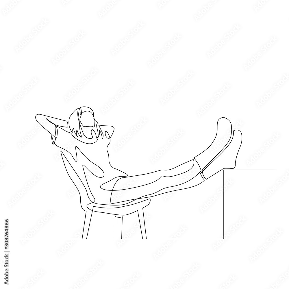 Continuous one line woman leaned back in her chair with her hands behind her head and legs raised on the table. Rest, freedom of action, freelance. Vector illustration. Continuous one line woman leaned back in her chair with her hands behind her head and legs raised on the table. Rest, freedom of action, freelance. Vector illustration.