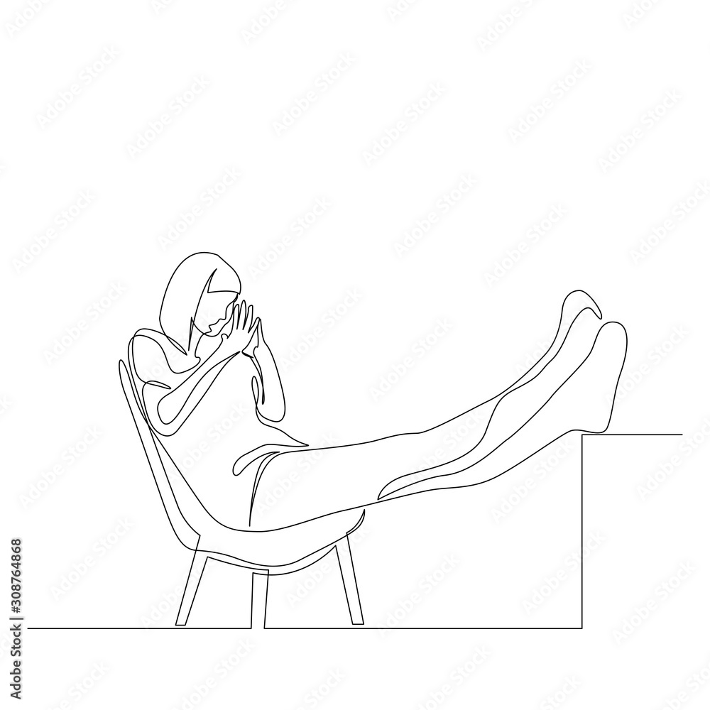 Continuous one line woman sits on an armchair raising her legs on the table, plotting something. Conspiracy Planning. Vector illustration.