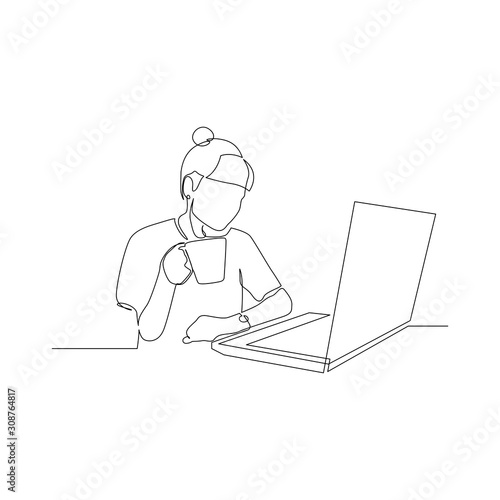 Continuous one line woman with a drink in a mug in front of a laptop. Vector illustration.