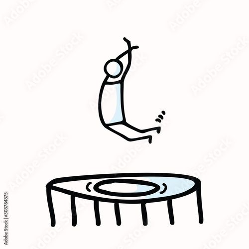 Hand Drawn Stickman Jumping in Air on Trampoline. Concept Physical Exercise. Simple Icon Motif for Jumpo for Joy Stick Figure Pictogram. Energy, Movement, Sport, Gym Bujo Illustration. Vector EPS 10. photo