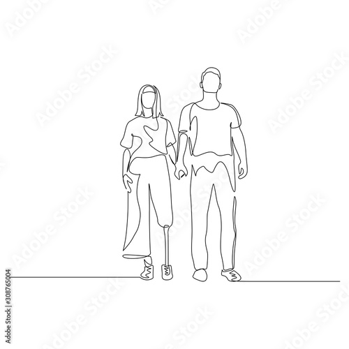 Continuous one line man and woman hold hands, a woman has a prosthetic leg. Disabled people. Vector illustration.