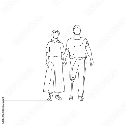 Continuous one line man and woman hold hands, a man has a prosthetic leg. Disabled people. Vector illustration.