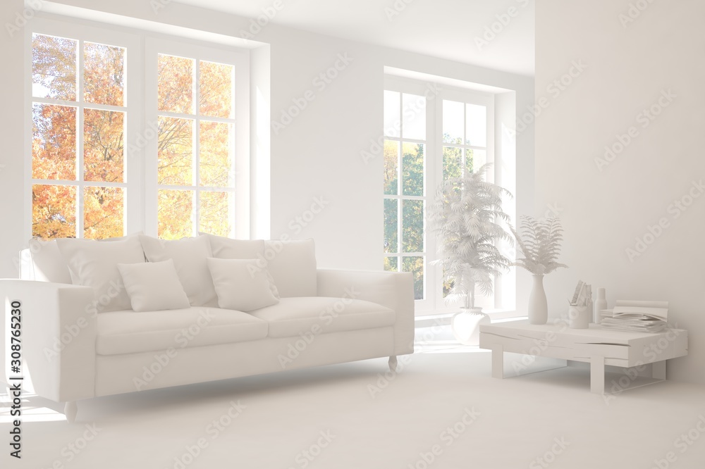 Fototapeta premium Stylish room in white color with sofa and autumn landscape in window. Scandinavian interior design. 3D illustration