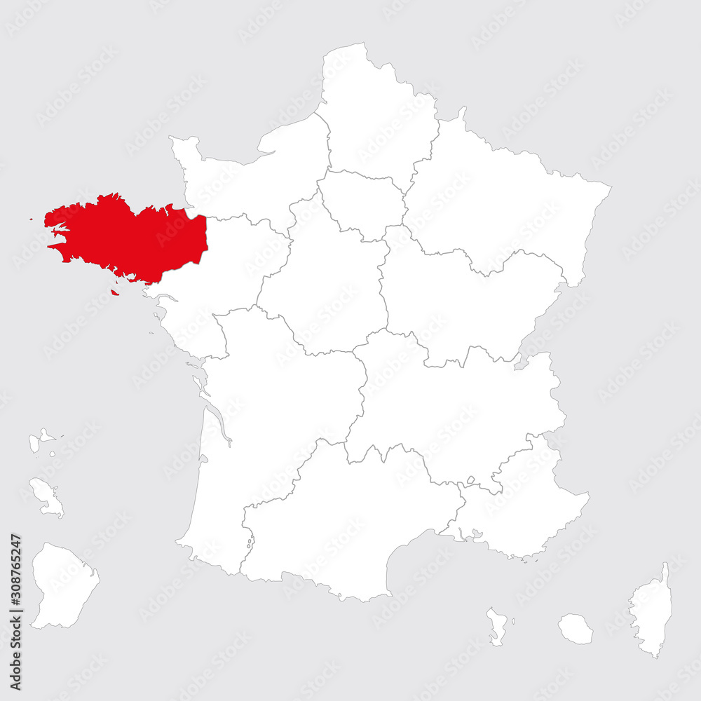 Brittany region marked red on france map vector. Gray background.