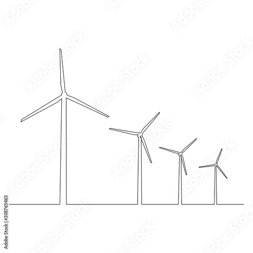 Continuous one line wind turbines, wind power plant, green energy, alternative source of electricity. vector illustration.