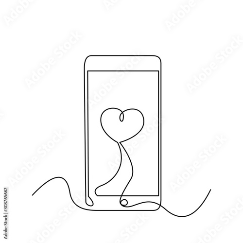 Continuous one line smartphone with love heart on screen. Stock illustration.