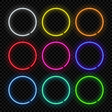 Different color round neon frames. Vector realistic neon circles isolated on transparent background.