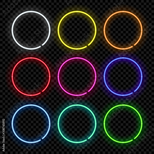 Different color round neon frames. Vector realistic neon circles isolated on transparent background.