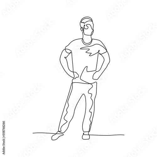 Continuous one line standing man with hands on hips. Stock illustration.