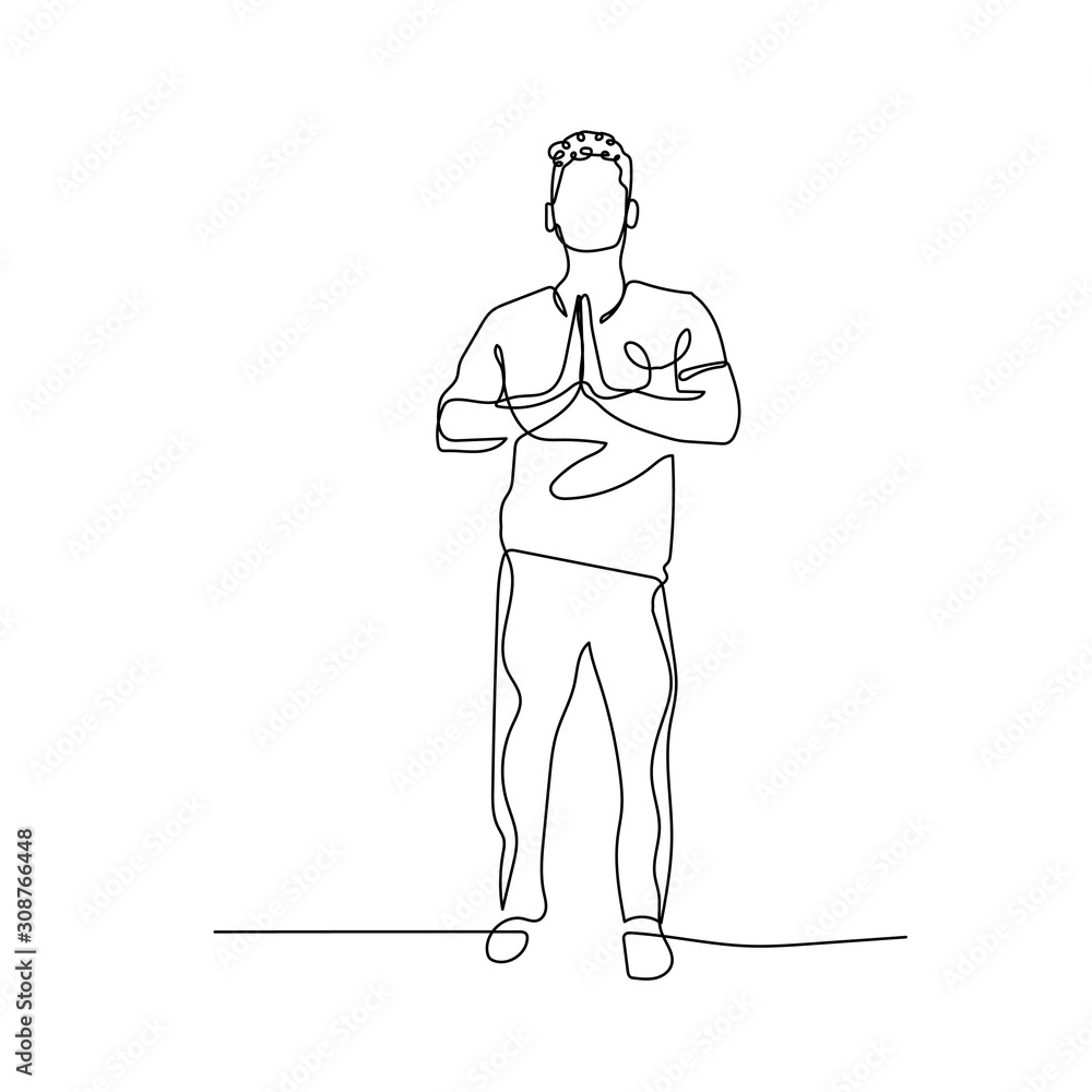 Continuous one line man folded palms together, doing yoga. Hands folded in prayer. Hands together. Prayer, gratitude. Yoga hand pose. Folded hands. Palm pressed. Stock illustration.