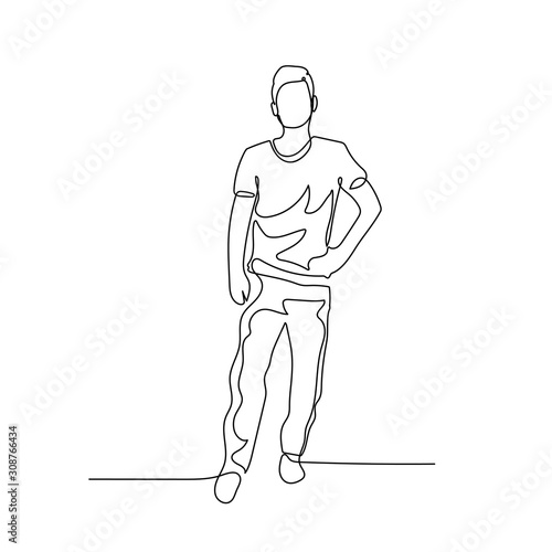 Continuous one line standing man with hand on hip. Stock illustration.