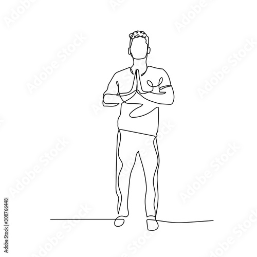 Continuous one line man folded palms together, doing yoga. Hands folded in prayer. Hands together. Prayer, gratitude. Yoga hand pose. Folded hands. Palm pressed. Stock illustration.