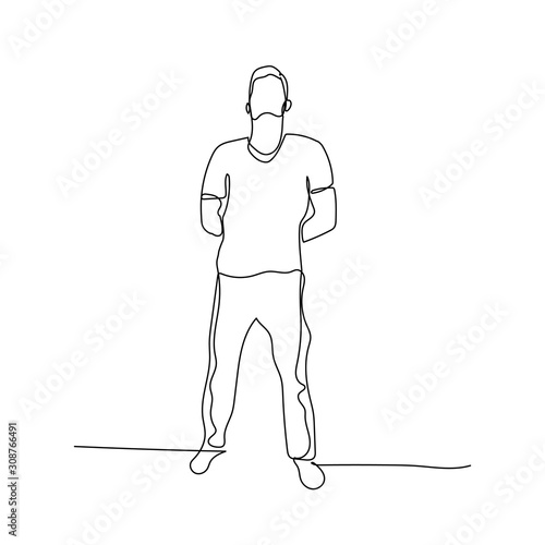 Continuous one line standing man with hand behind back. Stock illustration.