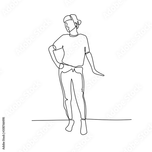 Continuous one line woman leaning her hand on something. Vector illustration.