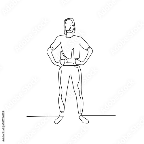Continuous one line standing woman with hands on hips. Stock illustration.