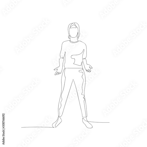 Continuous one line woman stands with spread hands, helpless gesture. I do not know anything. So what I can not help. Stock illustration.