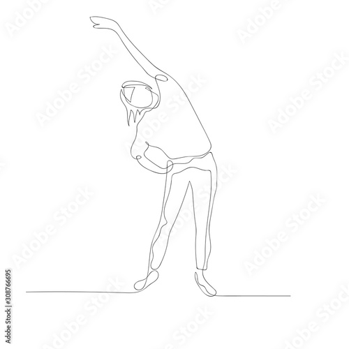 Continuous one line woman doing warm-up stretching with hand raised. Vector illustration.
