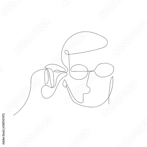 Continuous one line abstract man puts on glasses . Vector illustration.