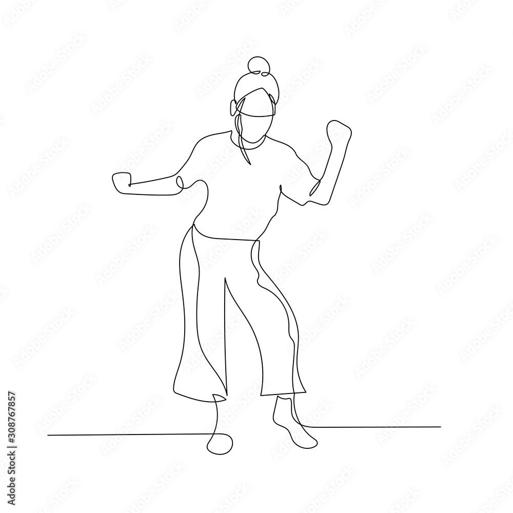 Obraz premium Continuous one line dancing woman with hair bun. Dance, party theme. Vector illustration.