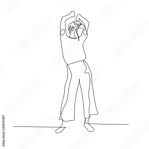 Continuous one line trance dancing woman. Vector illustration.