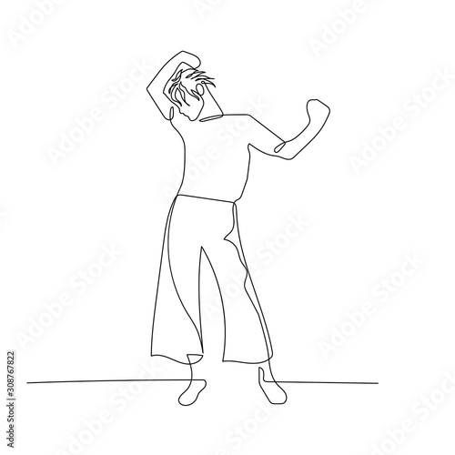 Continuous one line dancing woman with short wavy hair. Vector illustration.
