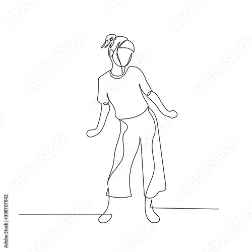 Continuous one line dancing woman with hair bang and ponytail. Vector illustration.
