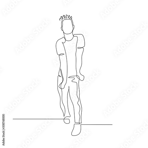 Continuous one line dancing man with fashion haircut in creative dance pose. Vector .