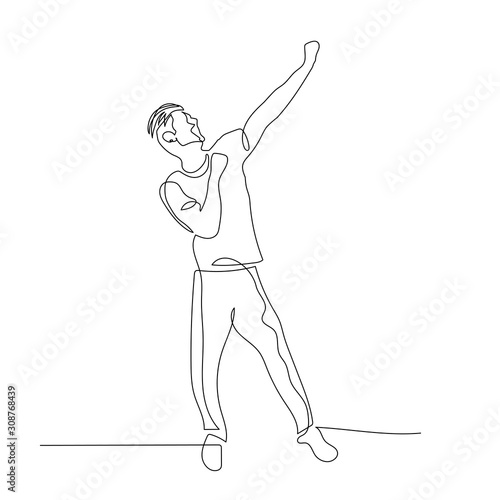 Continuous one line dancing man with rised up hand. Vector .