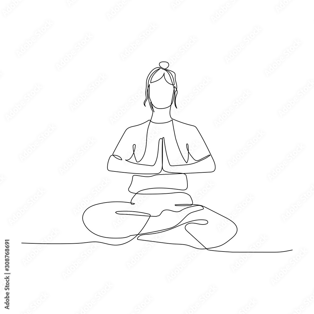 Continuous One Line Woman Sitting In Lotus Position Yoga Vector