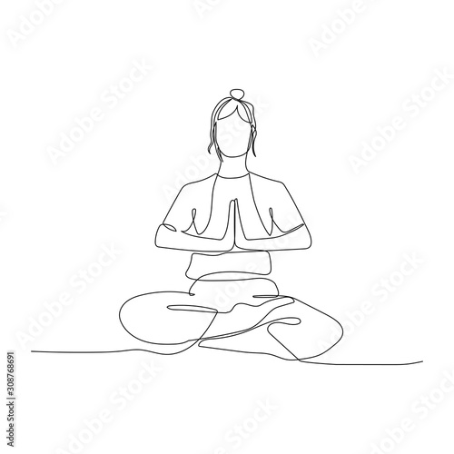 Continuous one line woman sitting in lotus position. Yoga. Vector illustration.