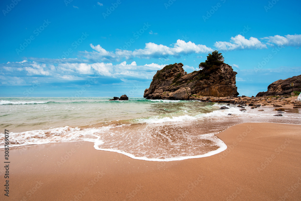 Beautiful magic sea landscape with Pelekas beach on Ionian Sea in Corfu, Greece. amazing places. popular tourist atraction. dramatic scene.