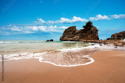 Obraz na płótnie Beautiful magic sea landscape with Pelekas beach on Ionian Sea in Corfu, Greece. amazing places. popular tourist atraction. dramatic scene. w salonie