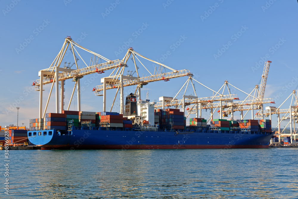 Large industrial port with cranes and cargo containers