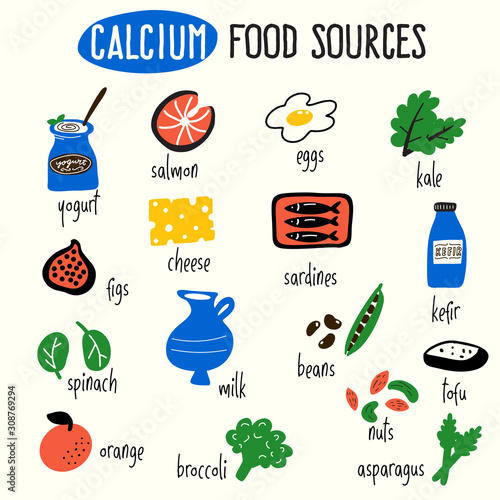 Vector cartoon illustration of calcium food sources. Infographic elements