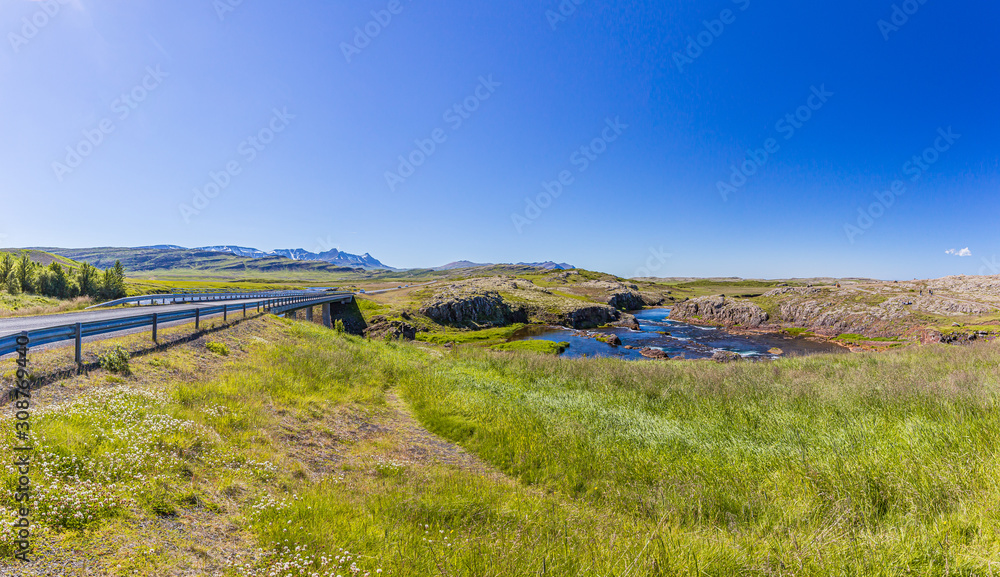 Panoramic picture of Snaefellsjökull volcano area on Snaefells peninsula on Iceland in summer
