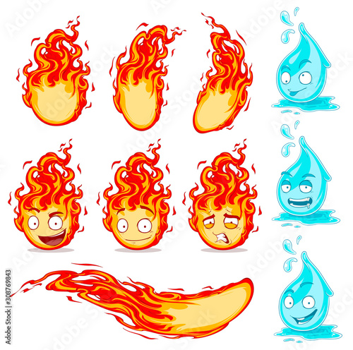 Cartoon cute funny blue water drops and red fireballs meteors with crazy face expressions. Isolated on white background. Vector icon set.