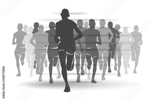 running people set of  monochrome silhouettes, sport and activity  background, competition concept