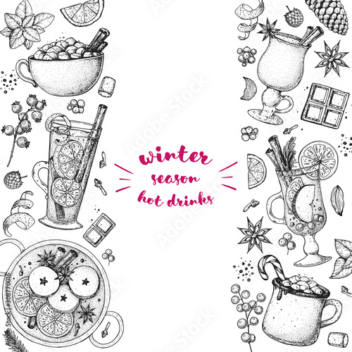 Hot drinks. Mulled wine, winter hot drink. Hand drawn sketch. Vector illustration. Christmas invitation design template. Sketch collection. Christmas bar menu. Mulled wine, coffee and tea.