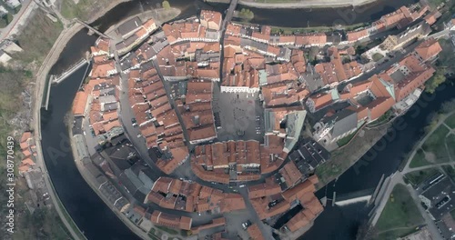 Aerial Pan Shot Over Svornosti Square - Town Square - Cesky Krumlov - Czech Republic - 4K Drone Video photo