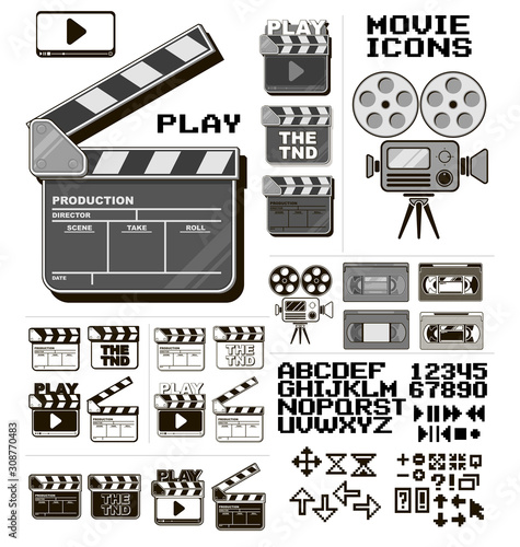 Graphic black and white cinema items, fonts and numbers. Movie clapper and video camera. VHS tape and play, pause symbols. Arrows and clock. Isolated on white background. Vector icon set.