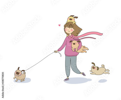 Cartoon woman on a walk with puppies. Beautiful young girl and a cute pug. Pets.