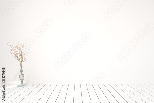 Empty room in white color with glass vase. Scandinavian interior design. 3D illustration