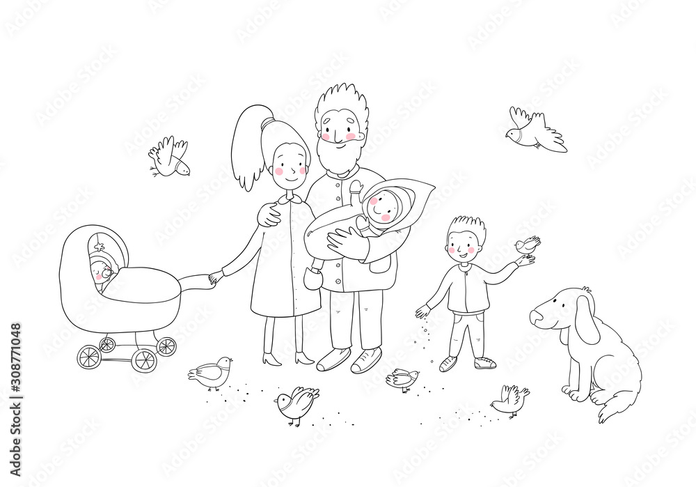 Happy family with newborns. Mom, dad and kids on a walk. Cheerful funny dog and pigeons. Cute cartoon couple and baby Happy family with newborns. Mom, dad and kids on a walk. Cheerful funny dog and pigeons. Cute cartoon couple and baby