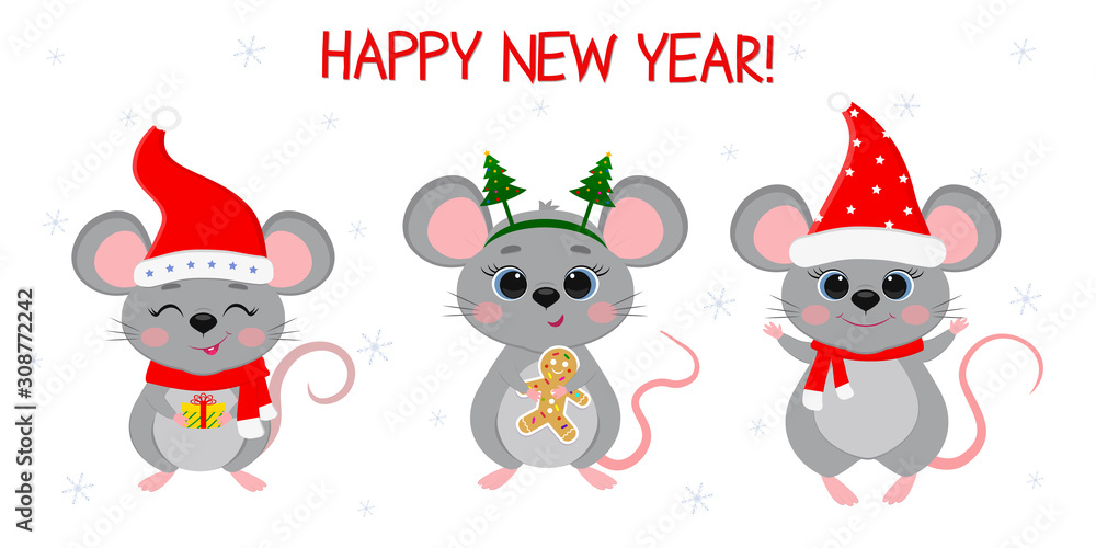 Merry Christmas and happy new year 2020. Three cute mouse rats in different New Year s costumes and with different holiday items. Cartoon, flat style, vector Merry Christmas and happy new year 2020. Three cute mouse rats in different New Year s costumes and with different holiday items. Cartoon, flat style, vector