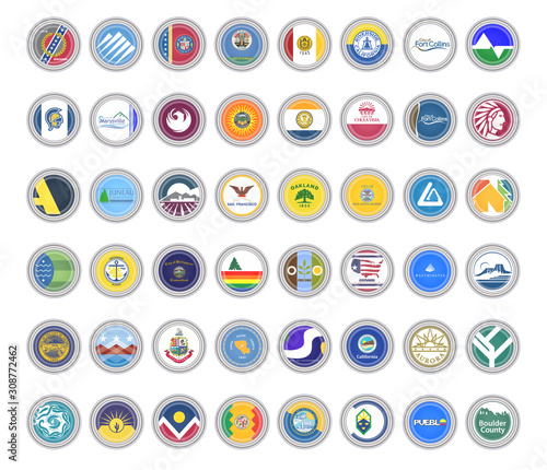 Set of vector icons. Flags of the USA cities. 3D illustration.