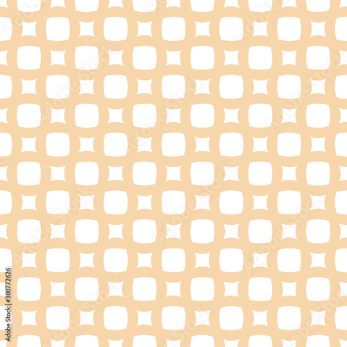 Vector geometric wicker seamless pattern. Simple ornament with grid, mesh, net, weave, lattice, rounded shapes, small circles, squares. Abstract white and yellow background. Natural organic style