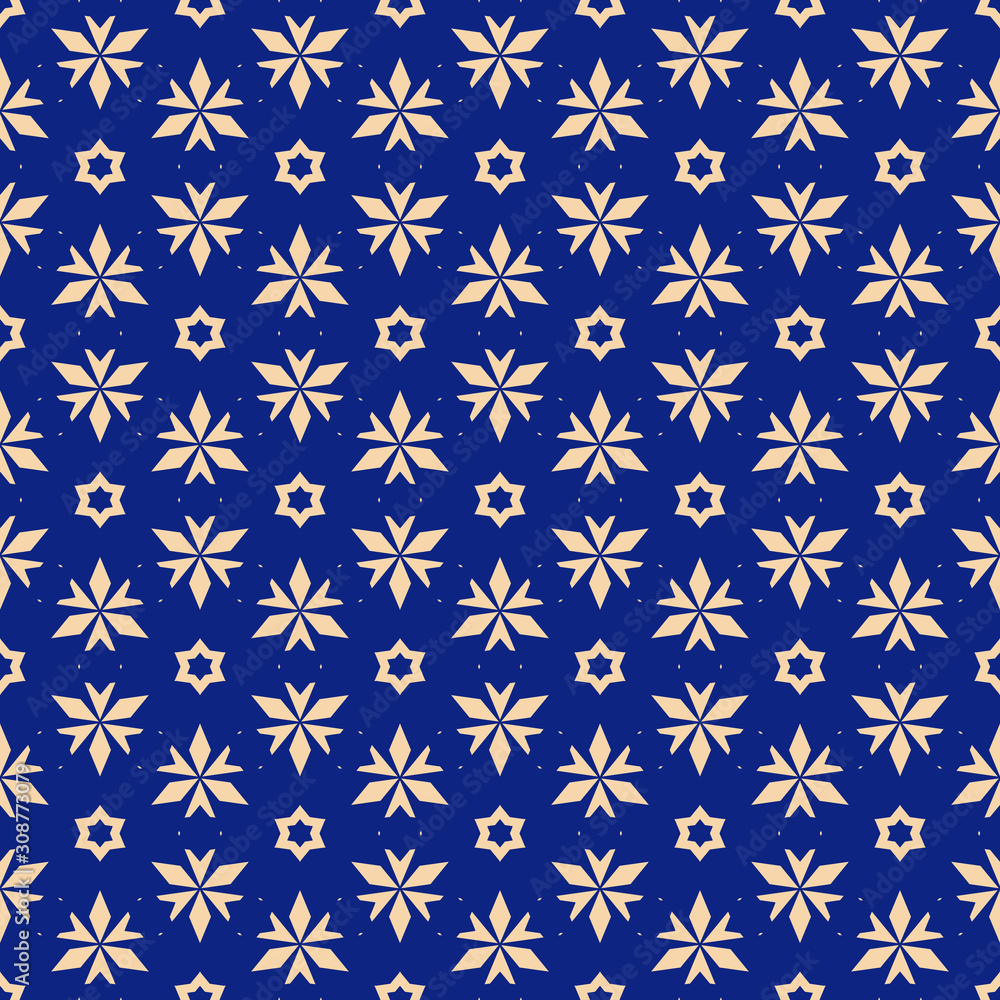 Vector floral seamless pattern. Elegant Christmas background. Dark blue and yellow geometric texture with small flowers, stars, triangles. Winter holiday ornament. Design for decoration, gift paper Vector floral seamless pattern. Elegant Christmas background. Dark blue and yellow geometric texture with small flowers, stars, triangles. Winter holiday ornament. Design for decoration, gift paper