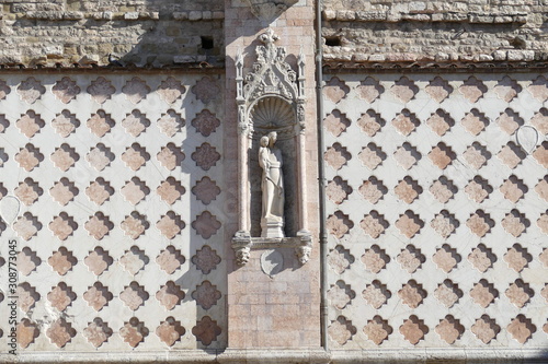 Lateral side of Cathedral of St. Lawrence, Perugia. Geometric decoration with rhombuses of white and pink marble, never completed and present only in the Lateral side of Cathedral of St. Lawrence. It 